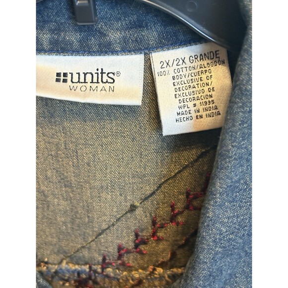 Units Woman 2X Denim Button Long Sleeve Shirt Jacket Beading Mixed Media Boho - Picture 6 of 10